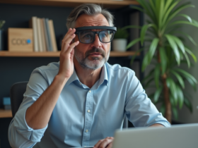 Homme d'âge moyen portant des lunettes AR dans un bureau moderne