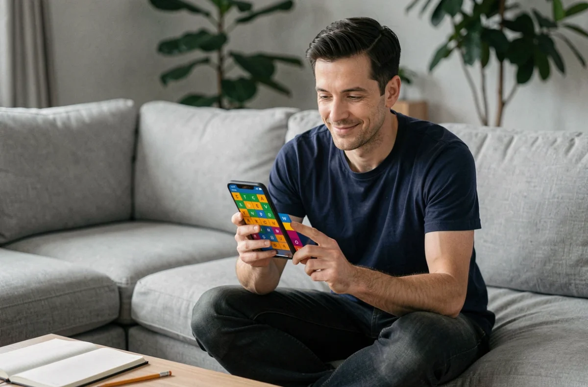 Homme sur un canapé consultant une stratégie sur smartphone pour résoudre un jeu de mots Pédantix