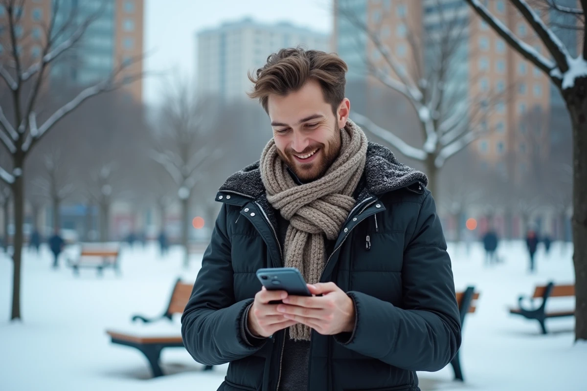 Homme dehors dans un parc enneige tenant son smartphone