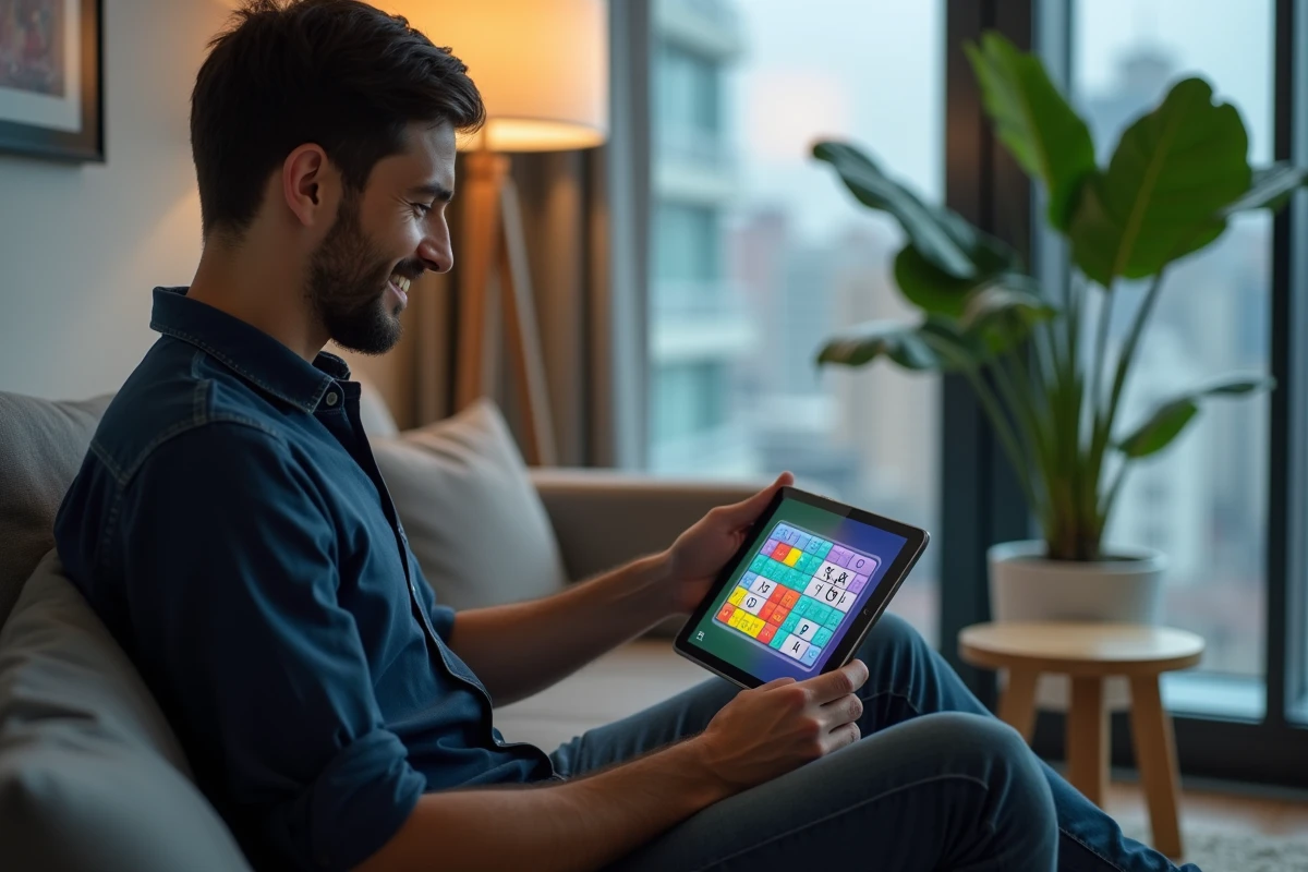 Homme concentré résolvant une énigme 4 images 1 mot sur une tablette dans un salon moderne