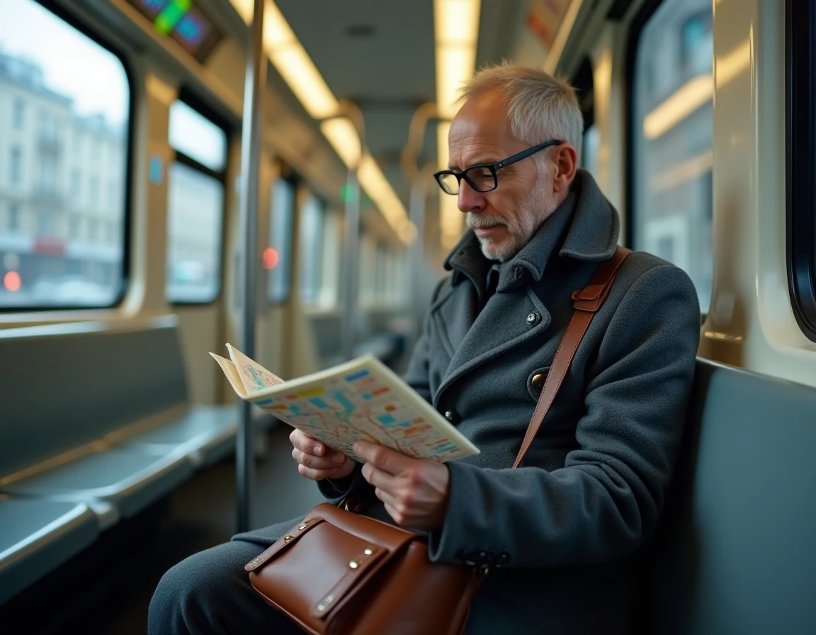 Homme dans le métro parisien ligne 14 consulte le plan de la ligne prolongée pendant son trajet