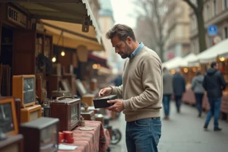 Homme d'âge moyen examinant une radio vintage au marché