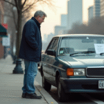 Homme d'âge moyen près d'une vieille voiture en ville