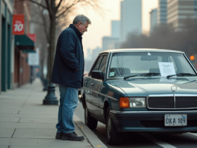 Homme d'âge moyen près d'une vieille voiture en ville