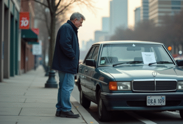 Homme d'âge moyen près d'une vieille voiture en ville