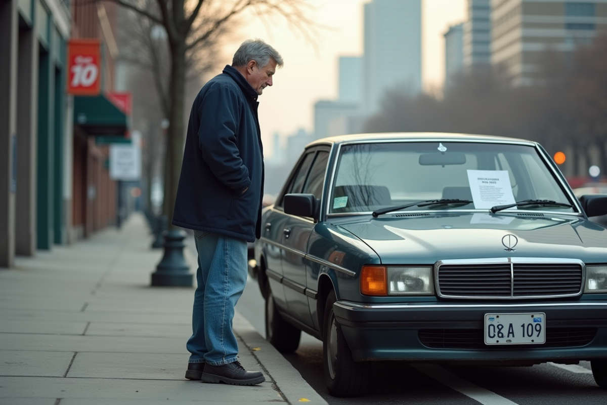 Homme d'âge moyen près d'une vieille voiture en ville