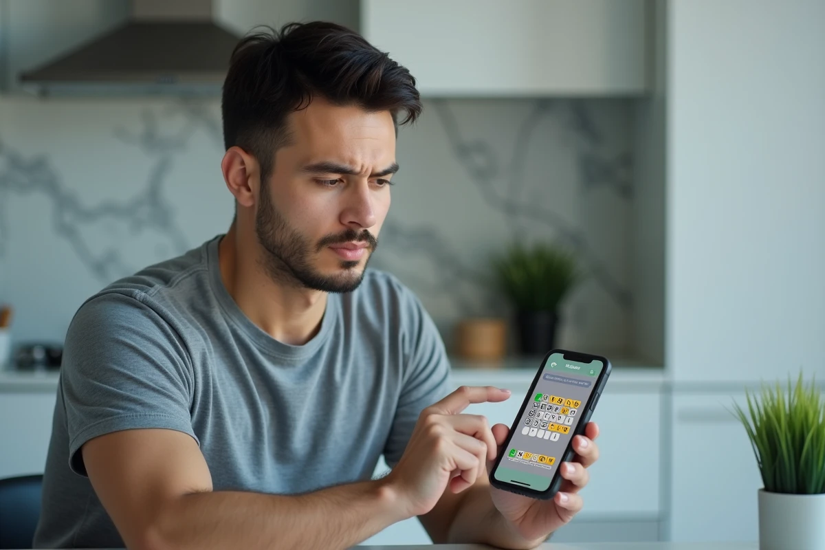 Homme concentré jouant à Wordle sur smartphone dans une cuisine moderne, symbolisant les erreurs classiques du jeu de lettres
