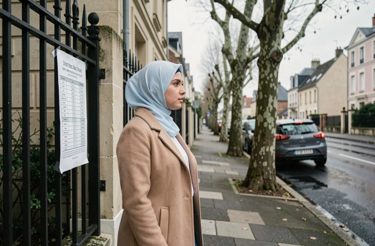 Jeune femme musulmane consultant le tableau des horaires de prière affiché sur la grille d'une mosquée à Argenteuil