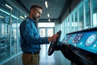 Ingénieur automobile homme examine tableau de bord futuriste
