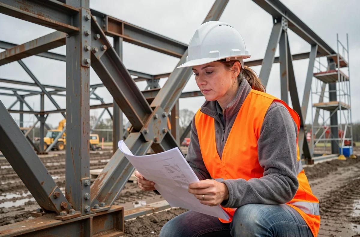 Ingénieure en bâtiment inspectant des assemblages de cornières en acier sur un chantier de construction de structure métallique