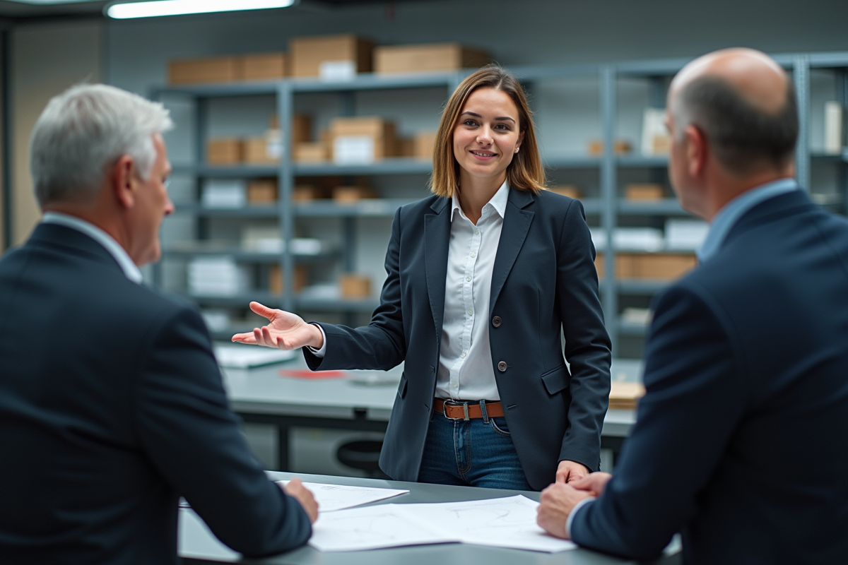 Jeune ingénieure présentant un prototype à ses collègues