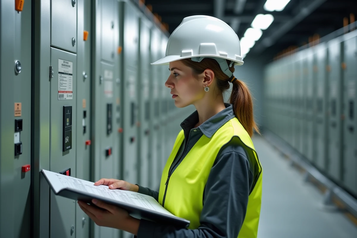 Ingénieure électricienne consultant un tableau de répartition triphasé dans une salle électrique commerciale