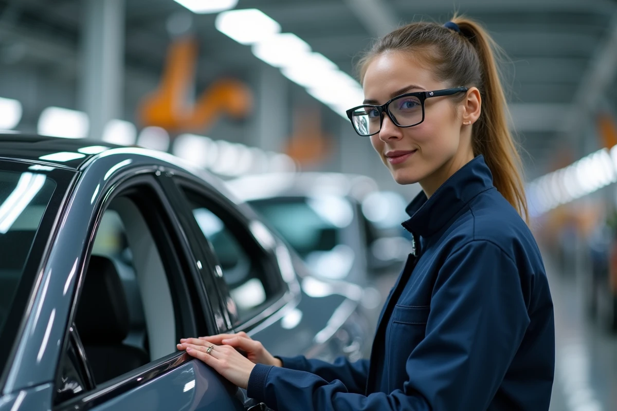 Ingénieure automobile inspectant une voiture électrique en usine
