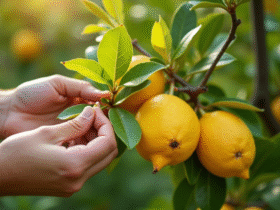Inspection branche de citronnier avec feuilles jaunies