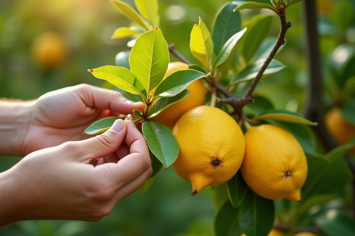 Inspection branche de citronnier avec feuilles jaunies