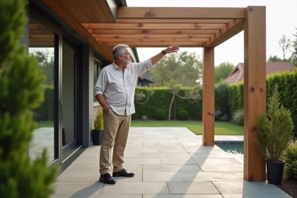 Homme inspectant une pergola en bois dans son jardin