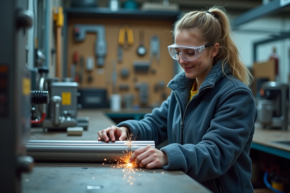 Jeune femme inspectant une soudure laser sur un tube en acier inoxydable