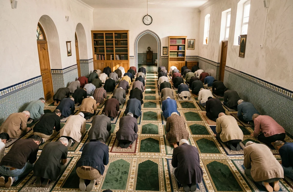 Intérieur d'une mosquée à Argenteuil avec des fidèles en train d'accomplir la prière en communauté sur des tapis de prière alignés