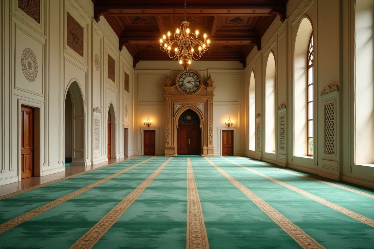 Intérieur d'une salle de prière de mosquée avec horloge indiquant l'heure de la prière