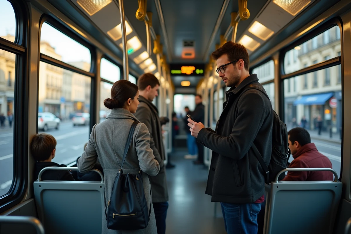 Intérieur d'un tramway de la ligne F à Bordeaux avec voyageurs en heure de pointe
