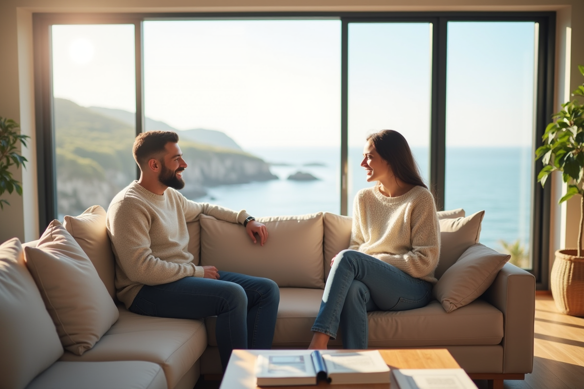 Jeune couple discutant dans un salon lumineux