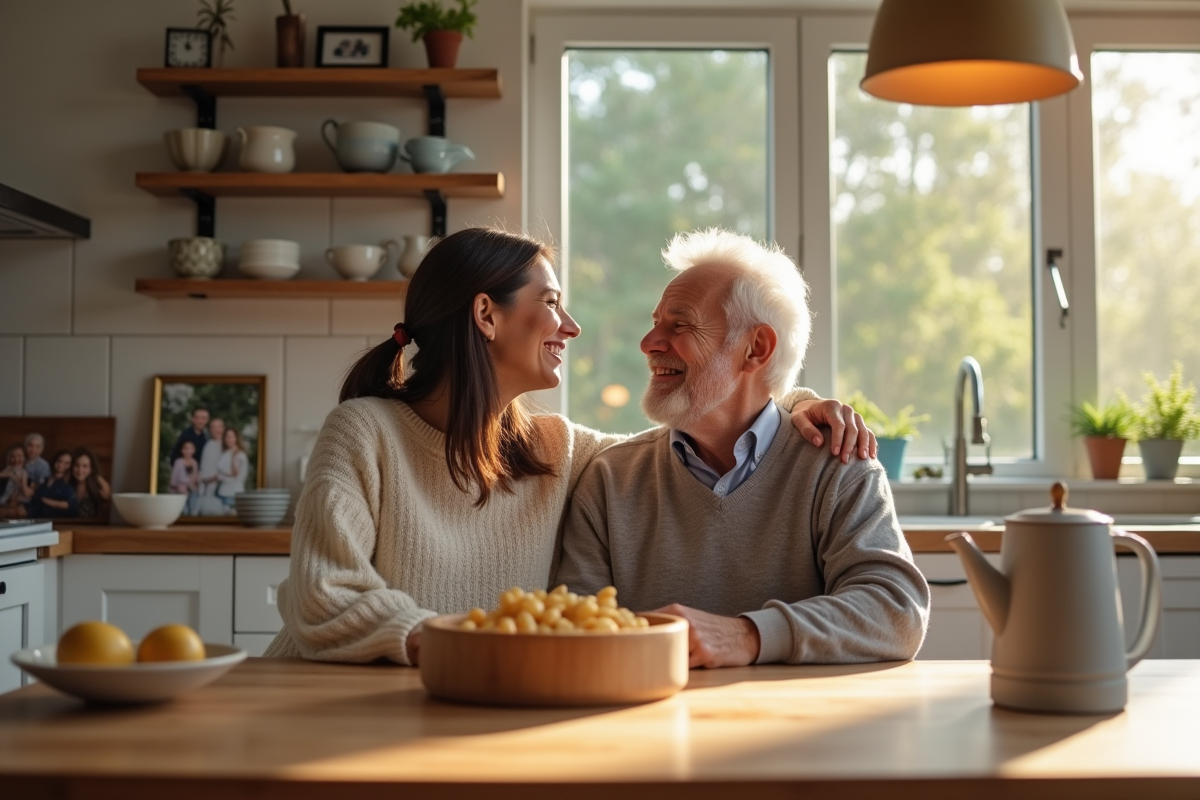 Jeune et senior rient ensemble à la cuisine en famille