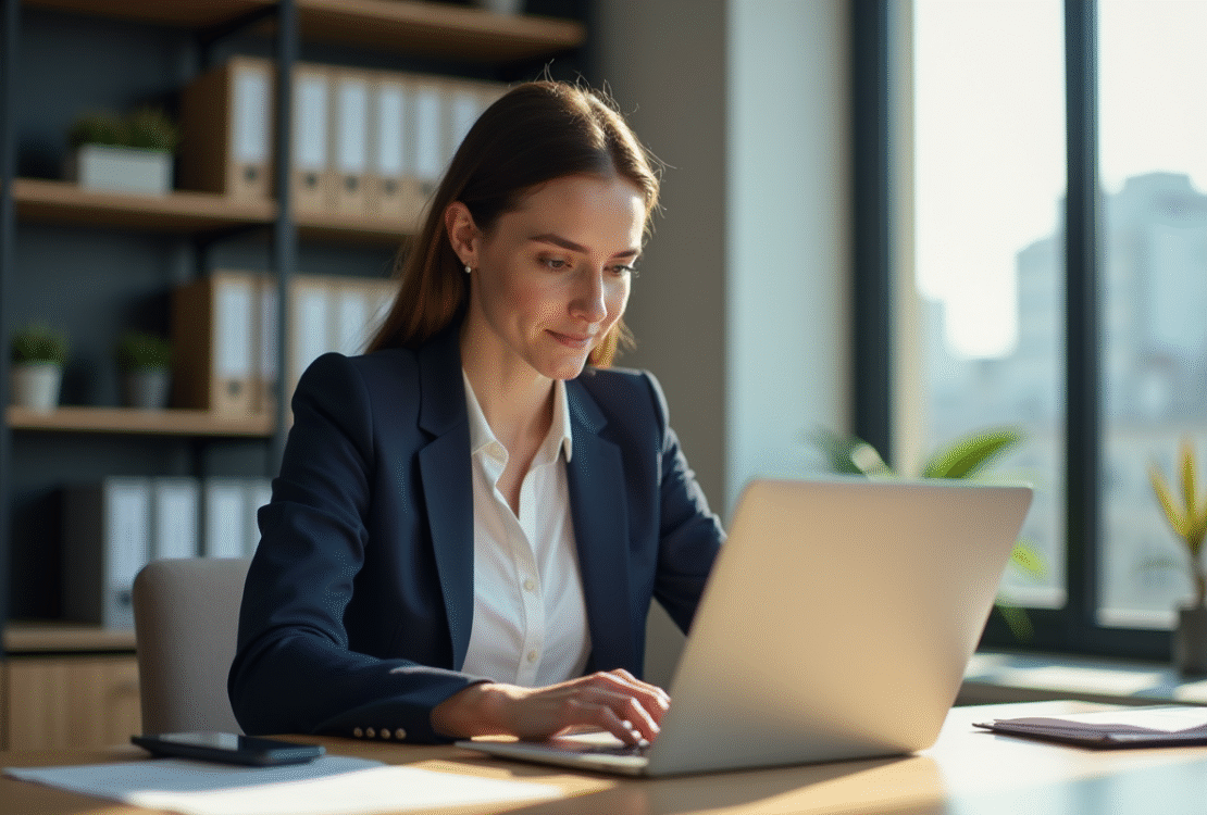 Jeune femme professionnelle consulte ses factures dans un bureau lumineux