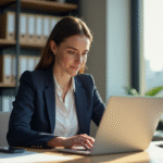 Jeune femme professionnelle consulte ses factures dans un bureau lumineux