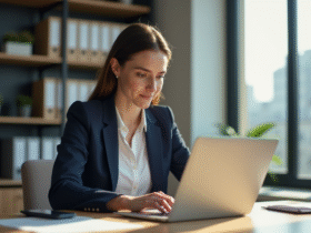 Jeune femme professionnelle consulte ses factures dans un bureau lumineux