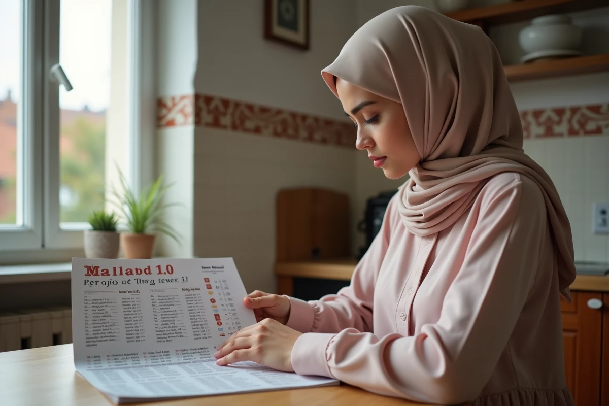 Jeune femme musulmane consulte un calendrier de Ramadan à la maison
