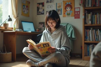 Jeune femme lisant un manga en simultrad dans sa chambre entourée de volumes empilés
