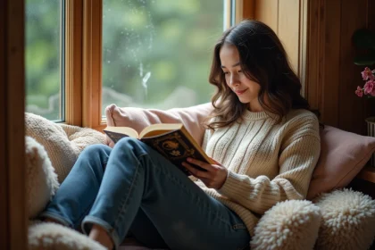 Jeune femme lisant un roman fantasy dans un intérieur cosy