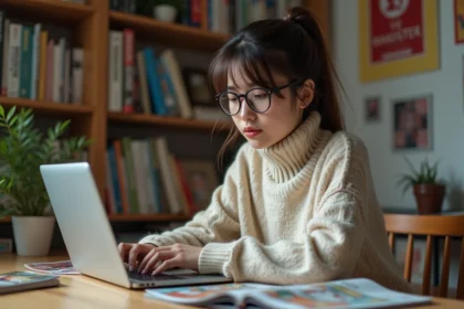 Jeune femme lisant manga sur son ordinateur à la maison