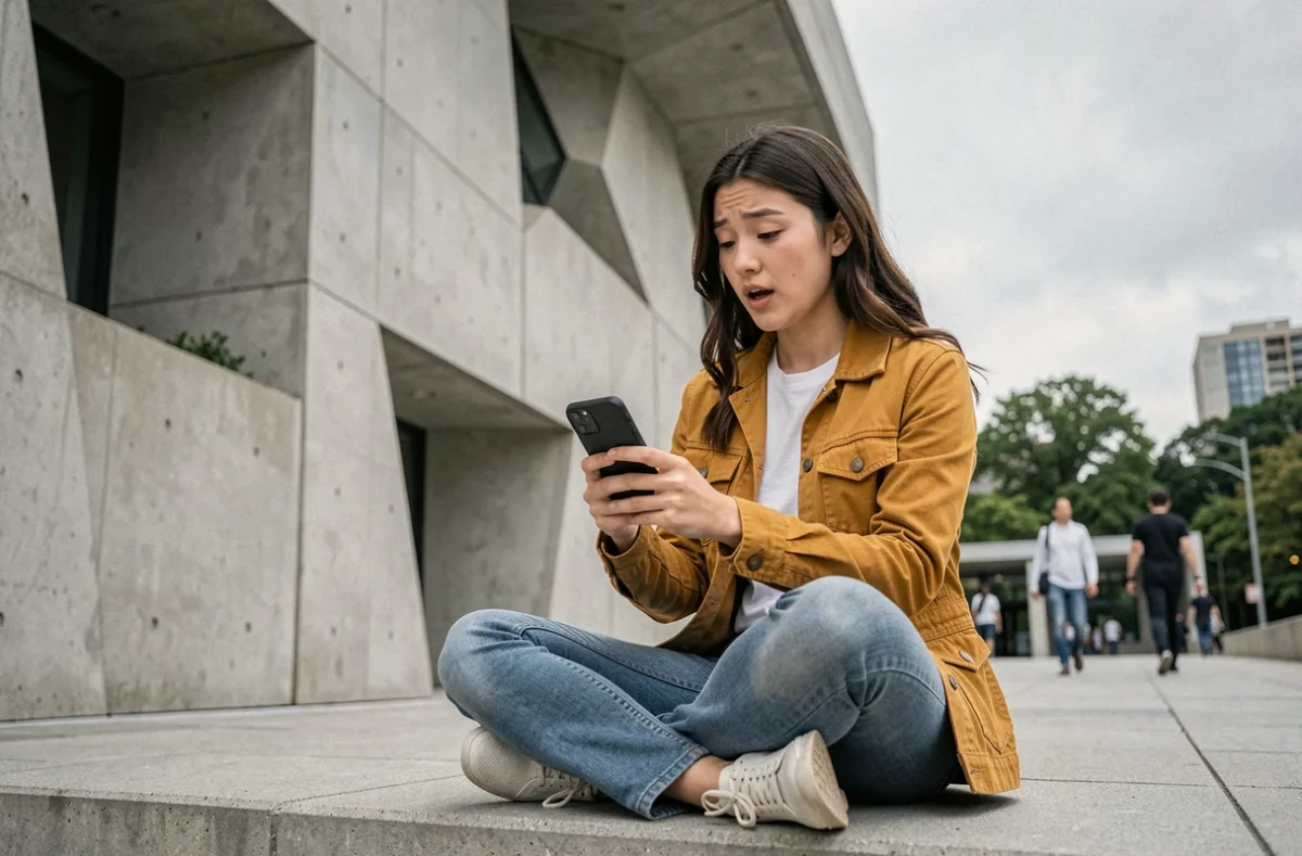 Jeune femme découvrant un article de média scientifique sur son smartphone devant un musée des sciences en milieu urbain