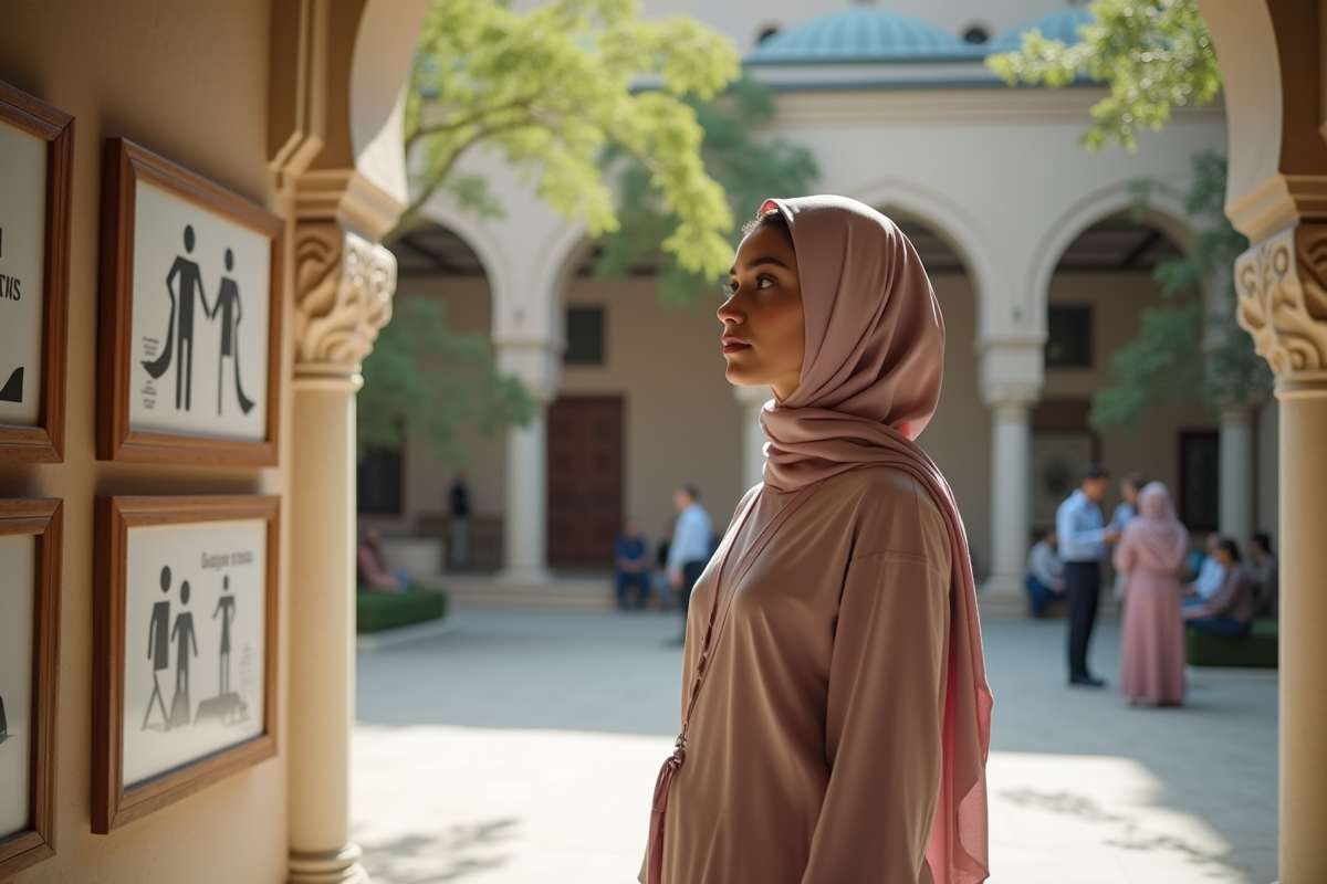 Jeune femme musulmane regardant des panneaux religieux en extérieur