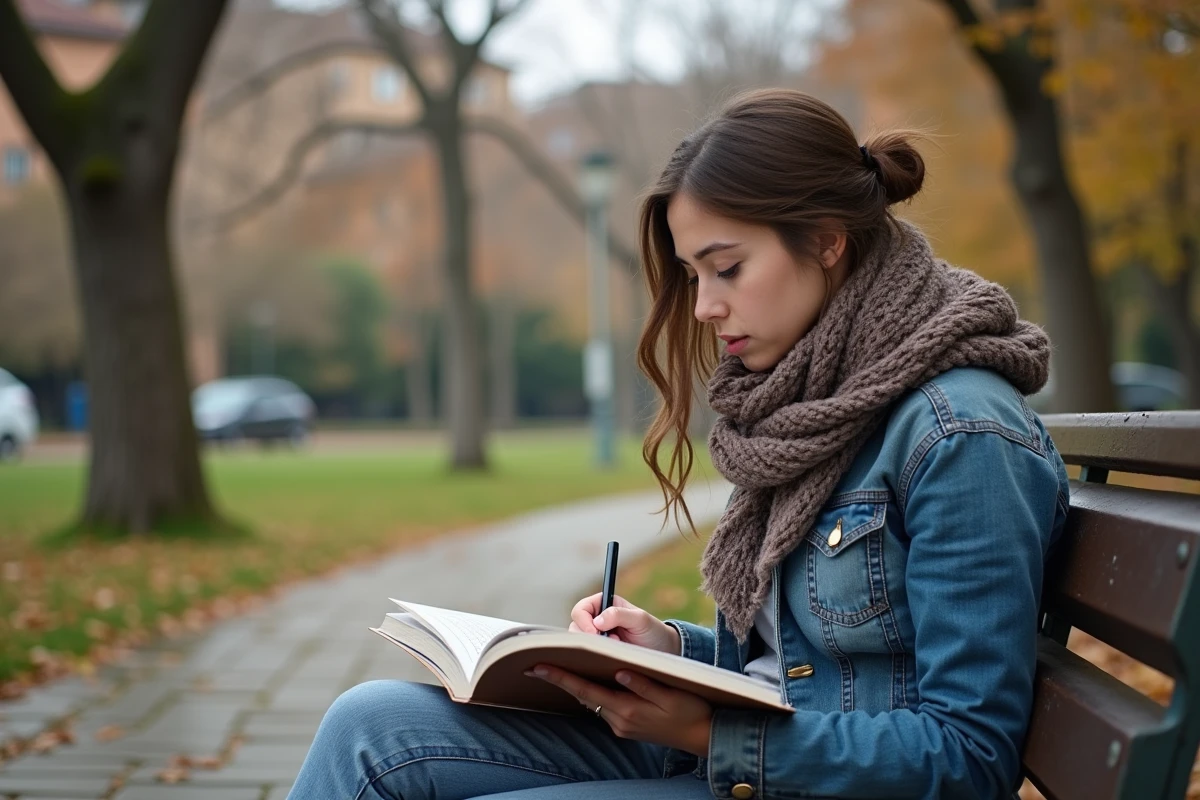 Jeune femme écrivant dans un livre de mots croisés dans un parc urbain