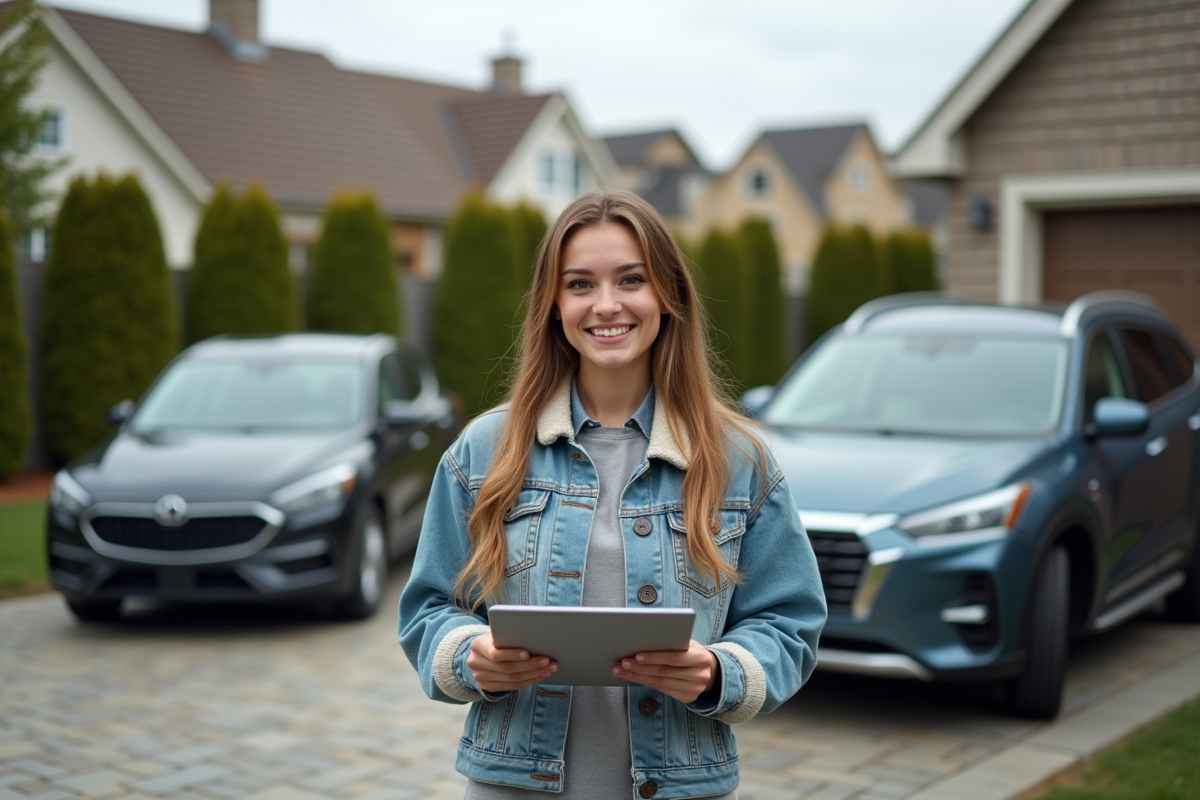 Jeune femme avec un tablette expliquant les ADAS devant deux voitures