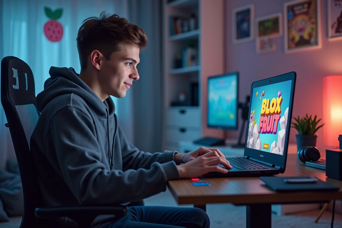Jeune homme concentré jouant à Blox Fruit sur son ordinateur