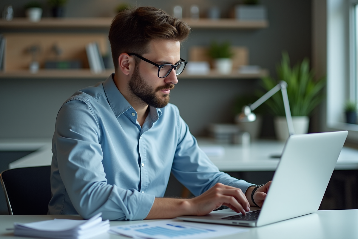 Jeune homme au bureau analysant des graphiques de sante