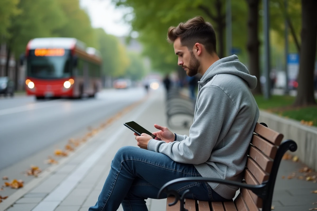 Jeune homme assis sur un banc avec tablette affichant le bus 323