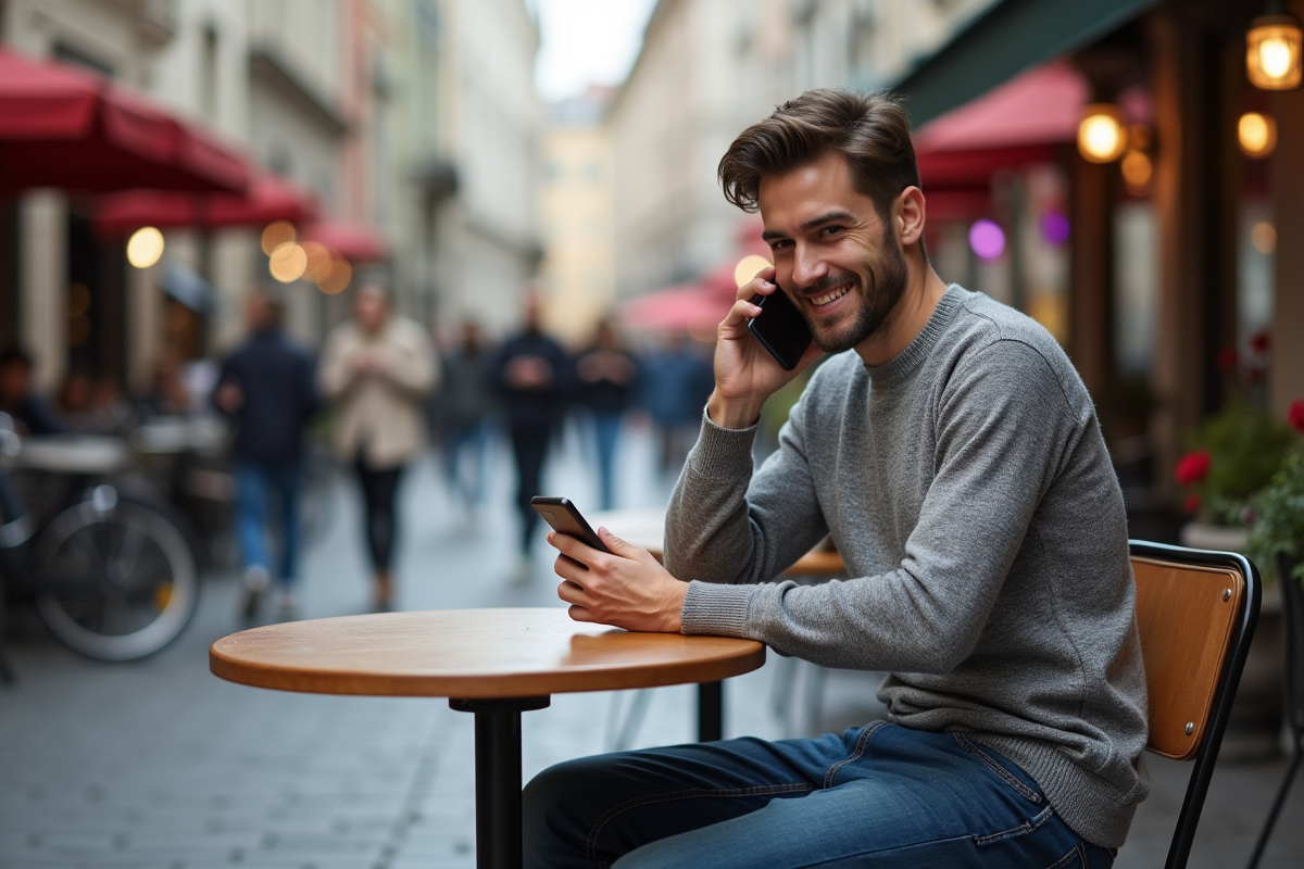 Jeune homme au café en ville parlant au smartphone