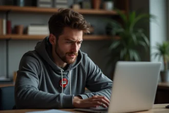 Jeune homme en hoodie étudiant un site Monopoly GO sur son ordinateur