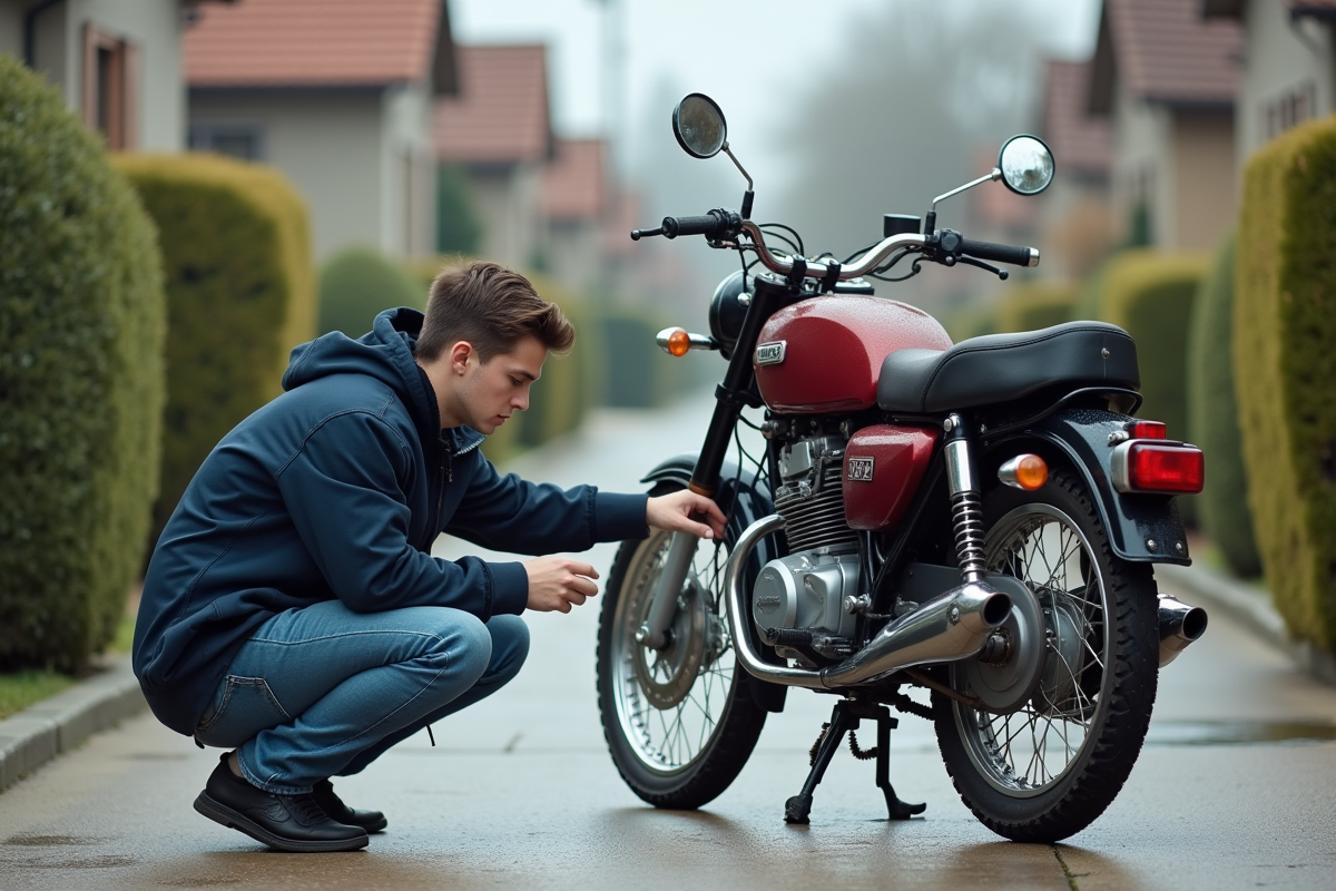Jeune homme examine la moto Honda Dax dans la cour