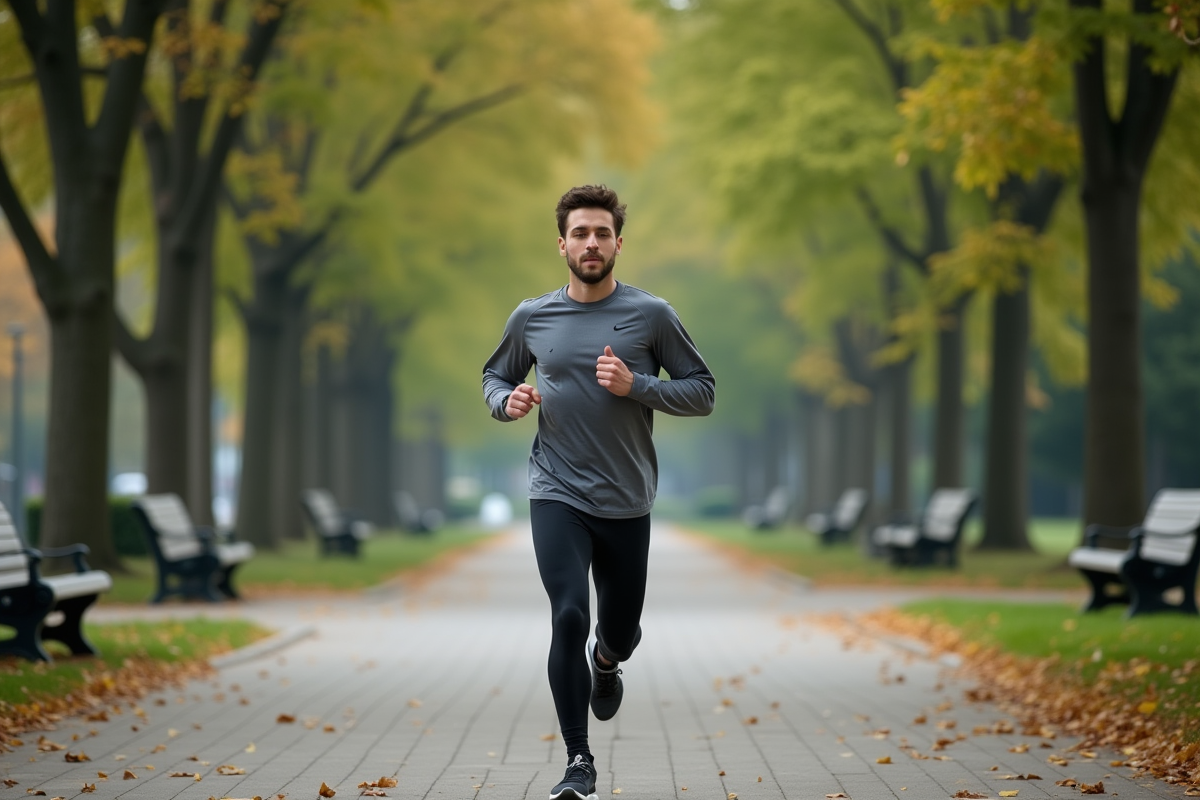 Jeune homme courant dans un parc en respirant profondément