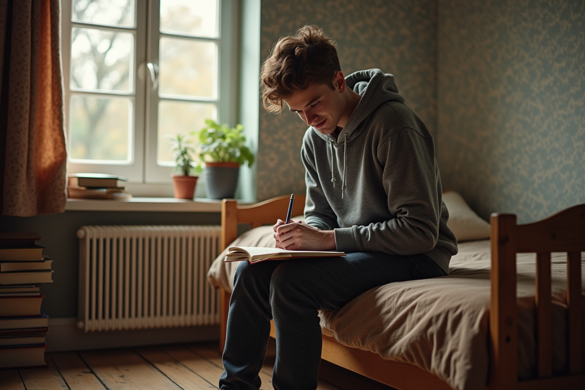 Jeune homme dans sa chambre en train de journaliser