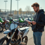 Jeune homme avec une moto tout-terrain et une checklist