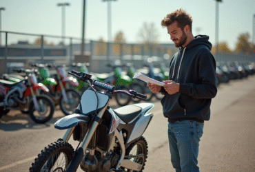 Jeune homme avec une moto tout-terrain et une checklist
