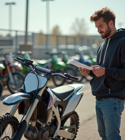 Jeune homme avec une moto tout-terrain et une checklist
