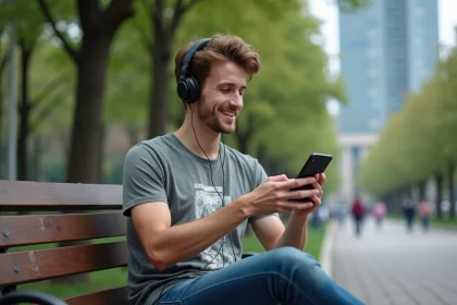 Jeune homme souriant écoute musique urbaine dans un parc