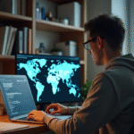Jeune homme concentré sur un ordinateur avec carte du monde